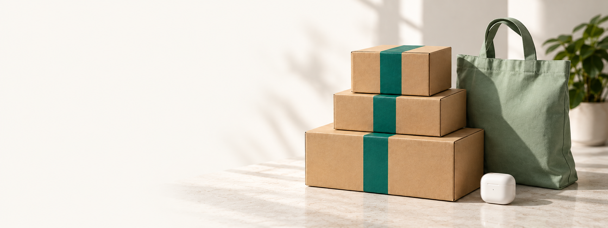 Kraft parcels, a canvas tote and earbuds ready for delivery